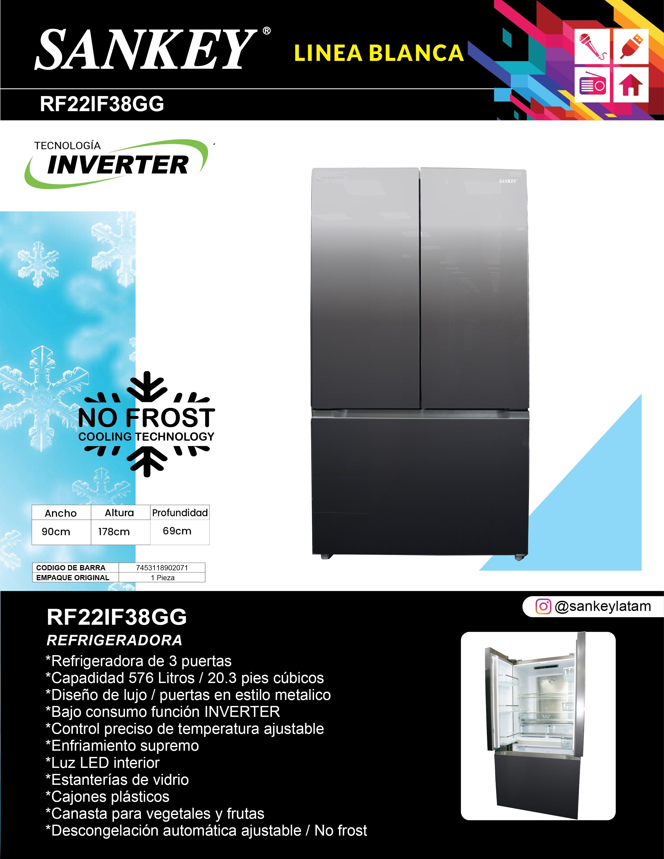 Refrigeradora FD French Door RF-22IF38GG Sankey Vidrio Gris