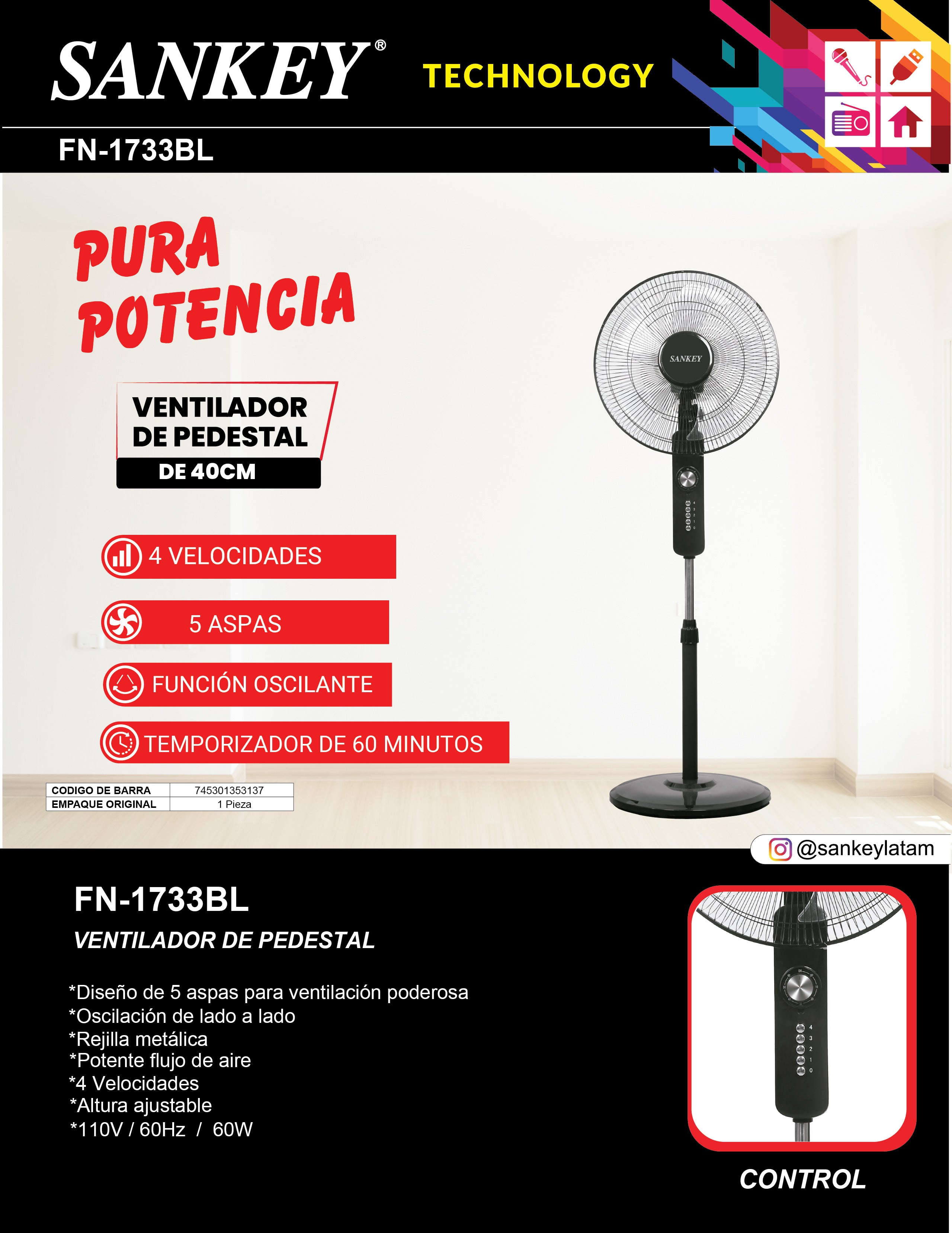 Abanico Pedestal FN-1733BL Sankey