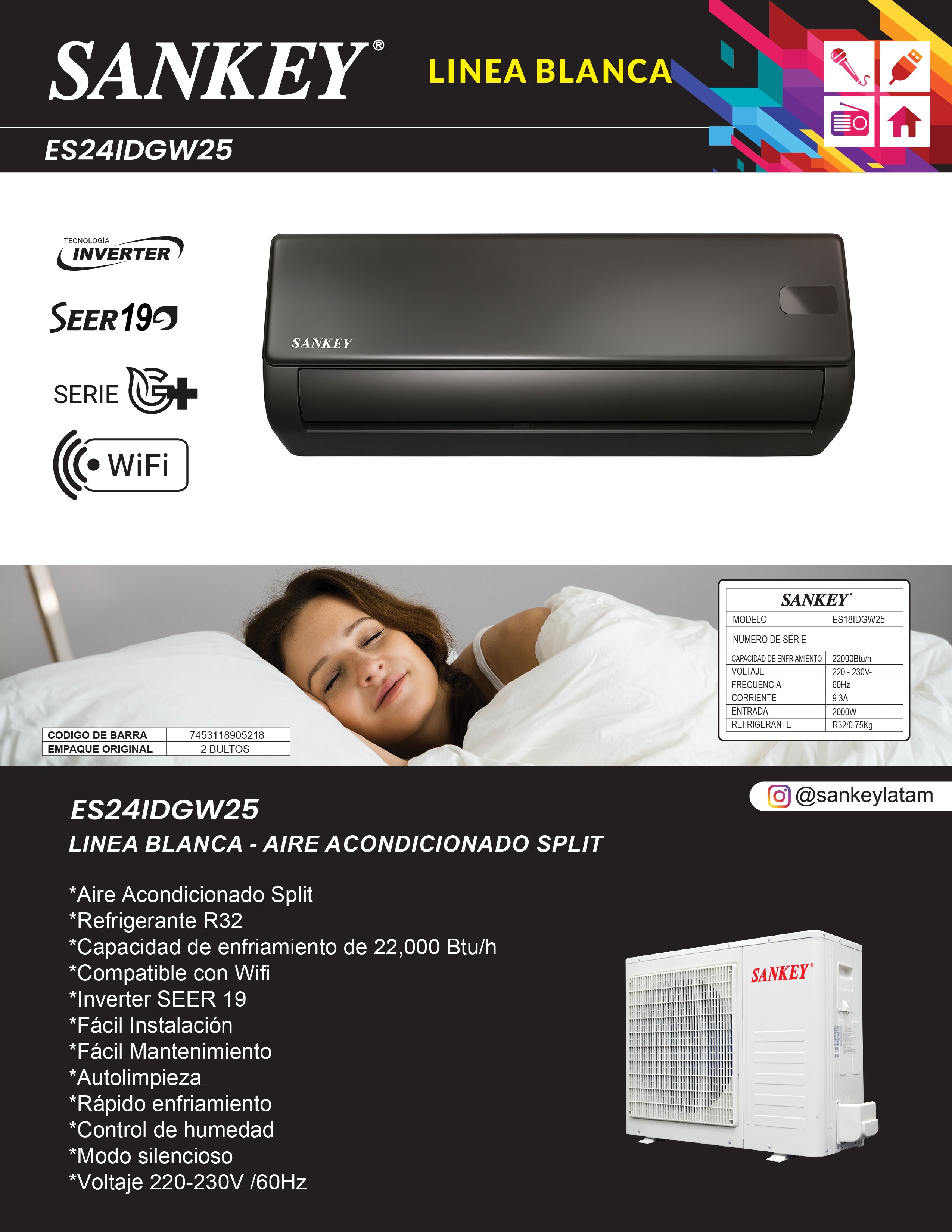 Aire Split 24K Inverter 220V ES-24IDGW25 Sankey