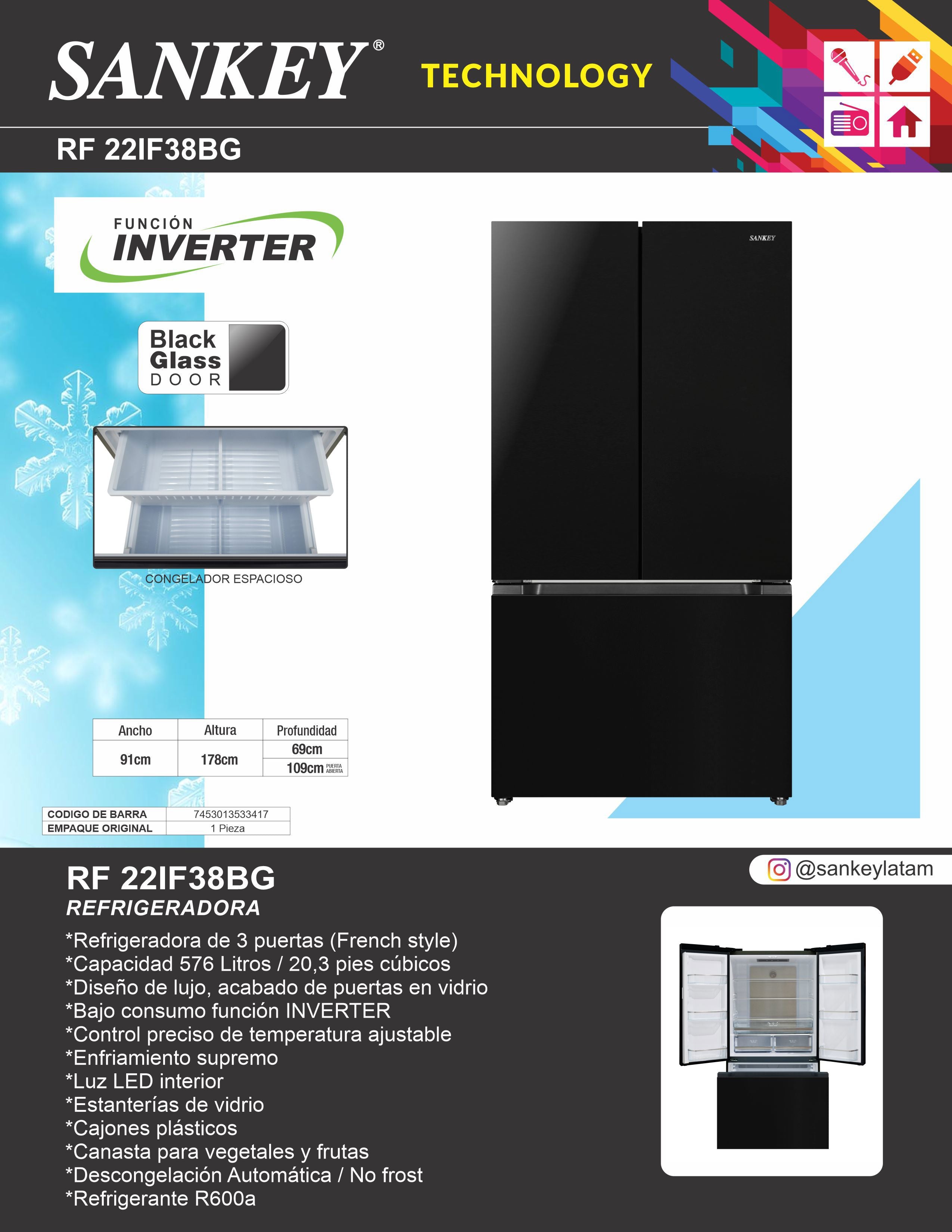 Refrigeradora FD French Door 576L RF-22IF38BG Sankey