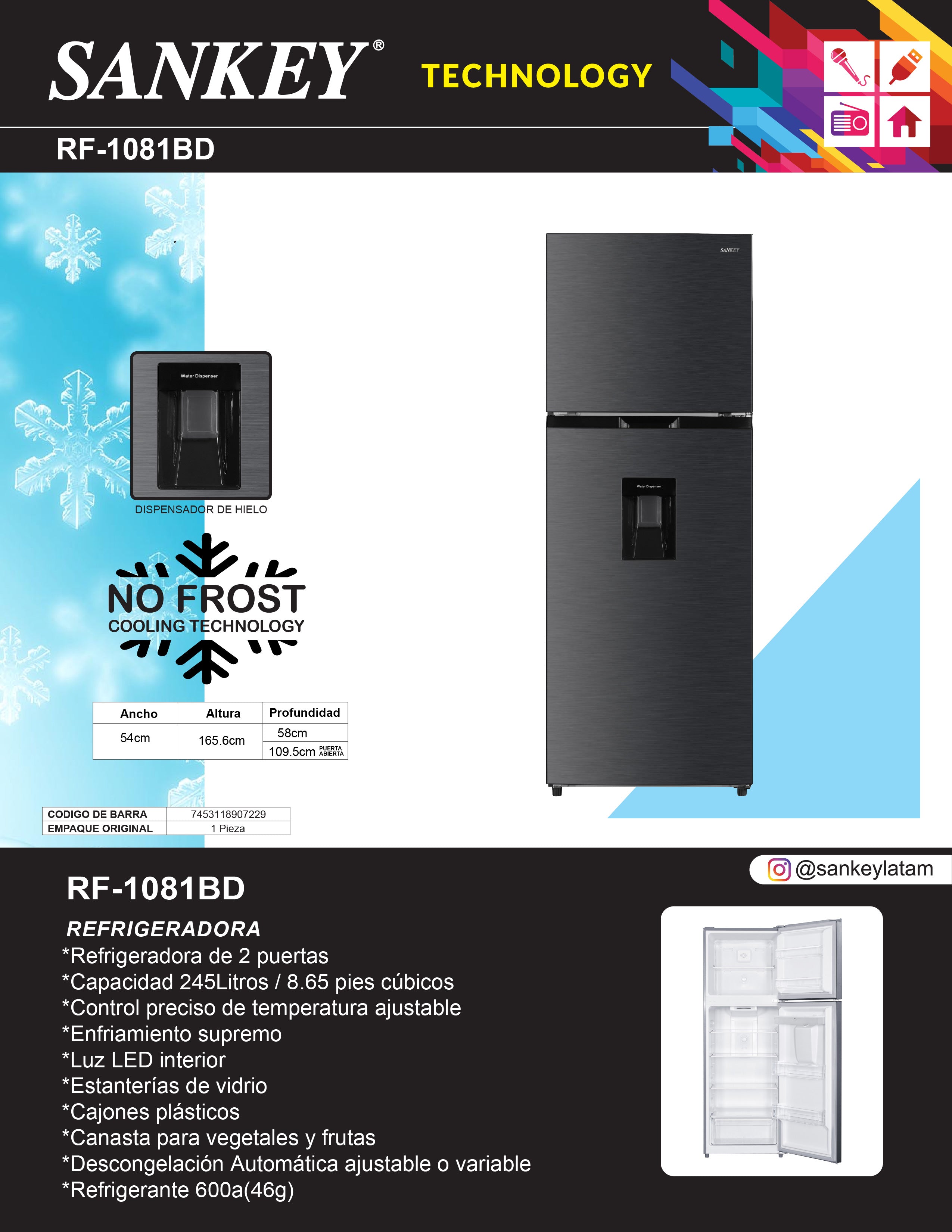 Refrigeradora Dispensador TBL RF-1081BD Sankey