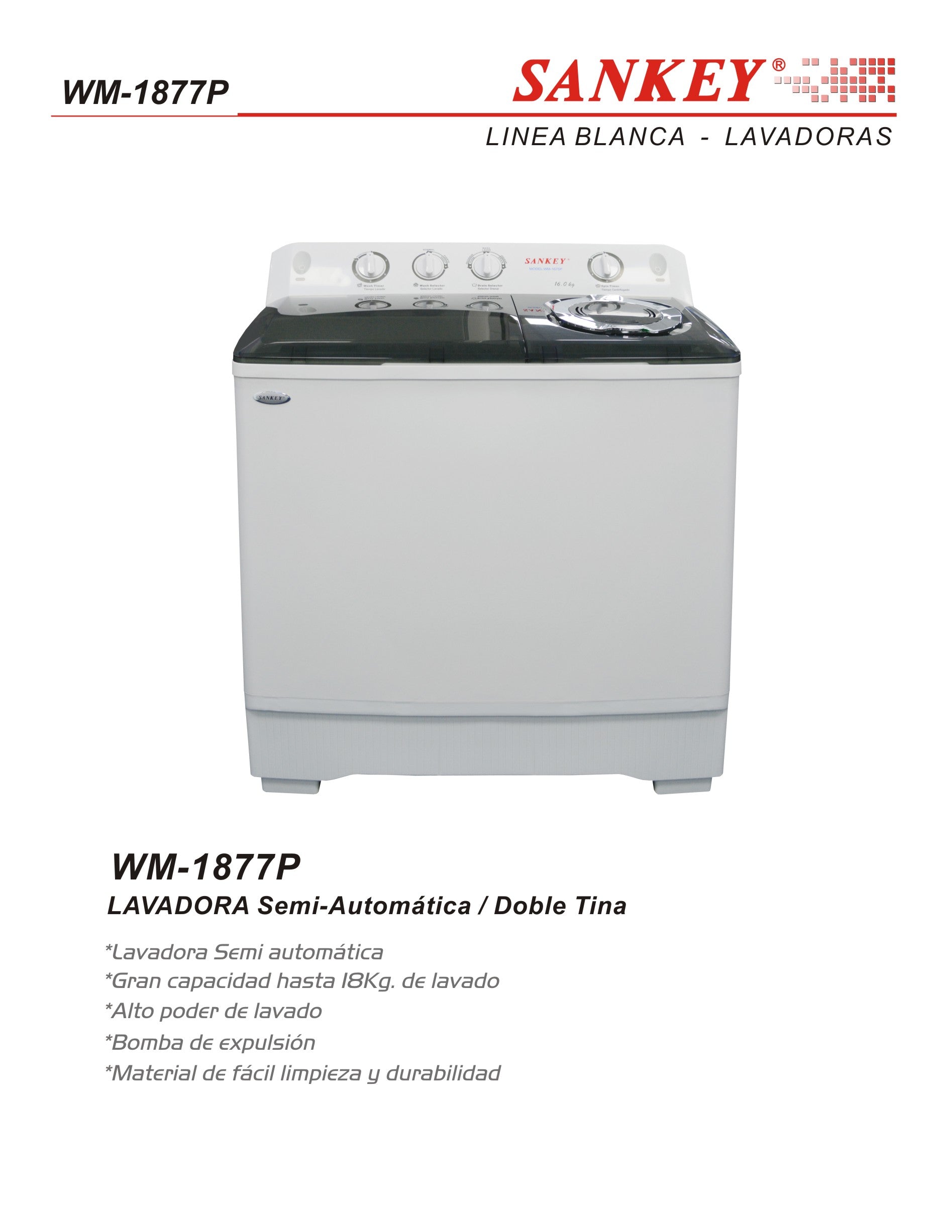 Lavadora SEMI 18 KG WM-1877P Sankey