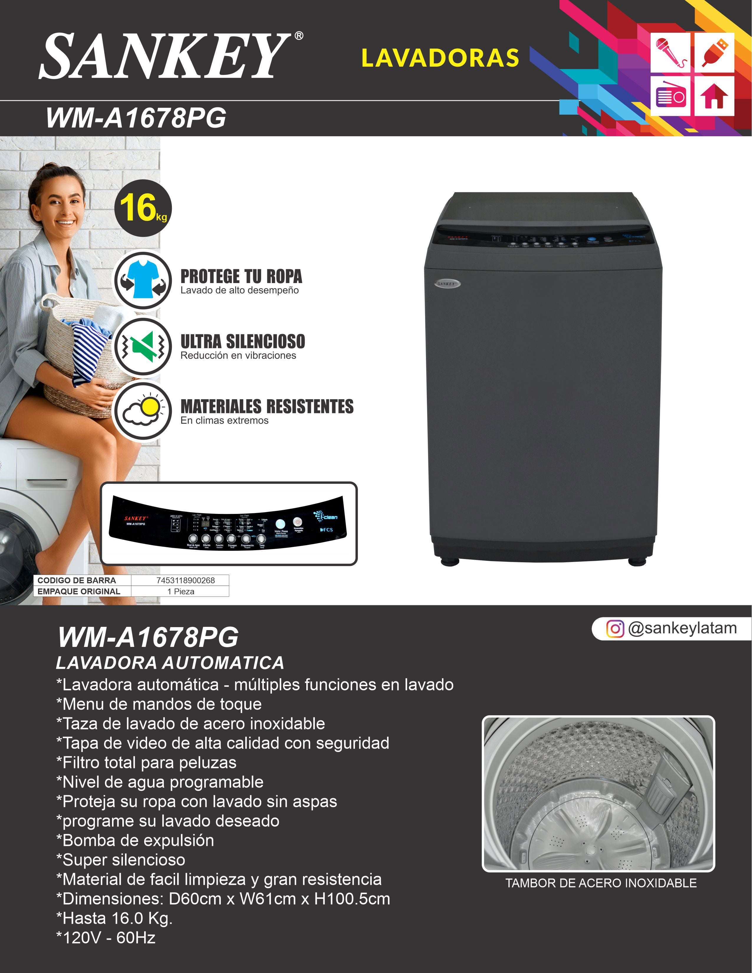 Lavadora AUTO 16 KG WM-A1678PG Sankey
