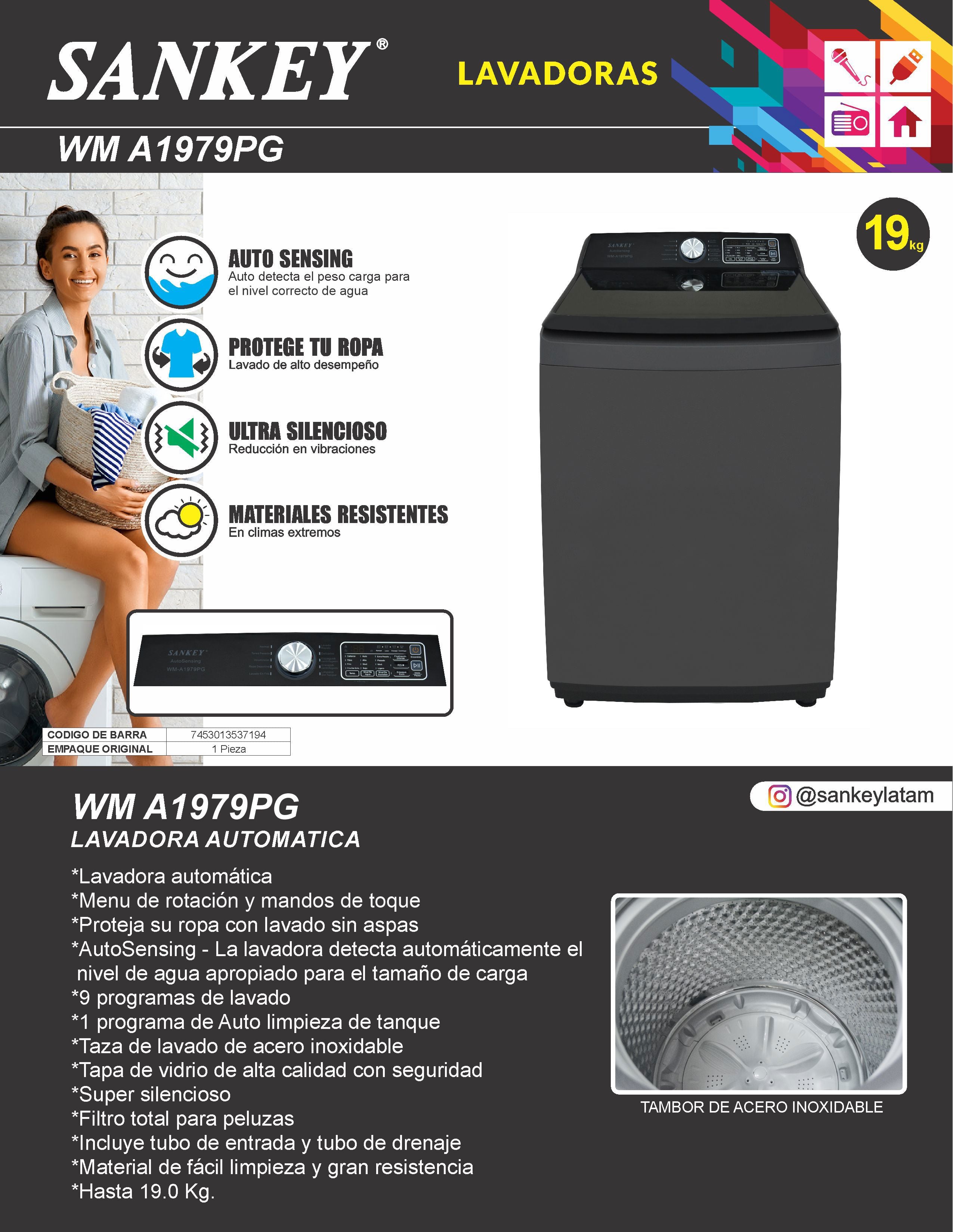 Lavadora AUTO 19 KG WM-A1979PG Sankey