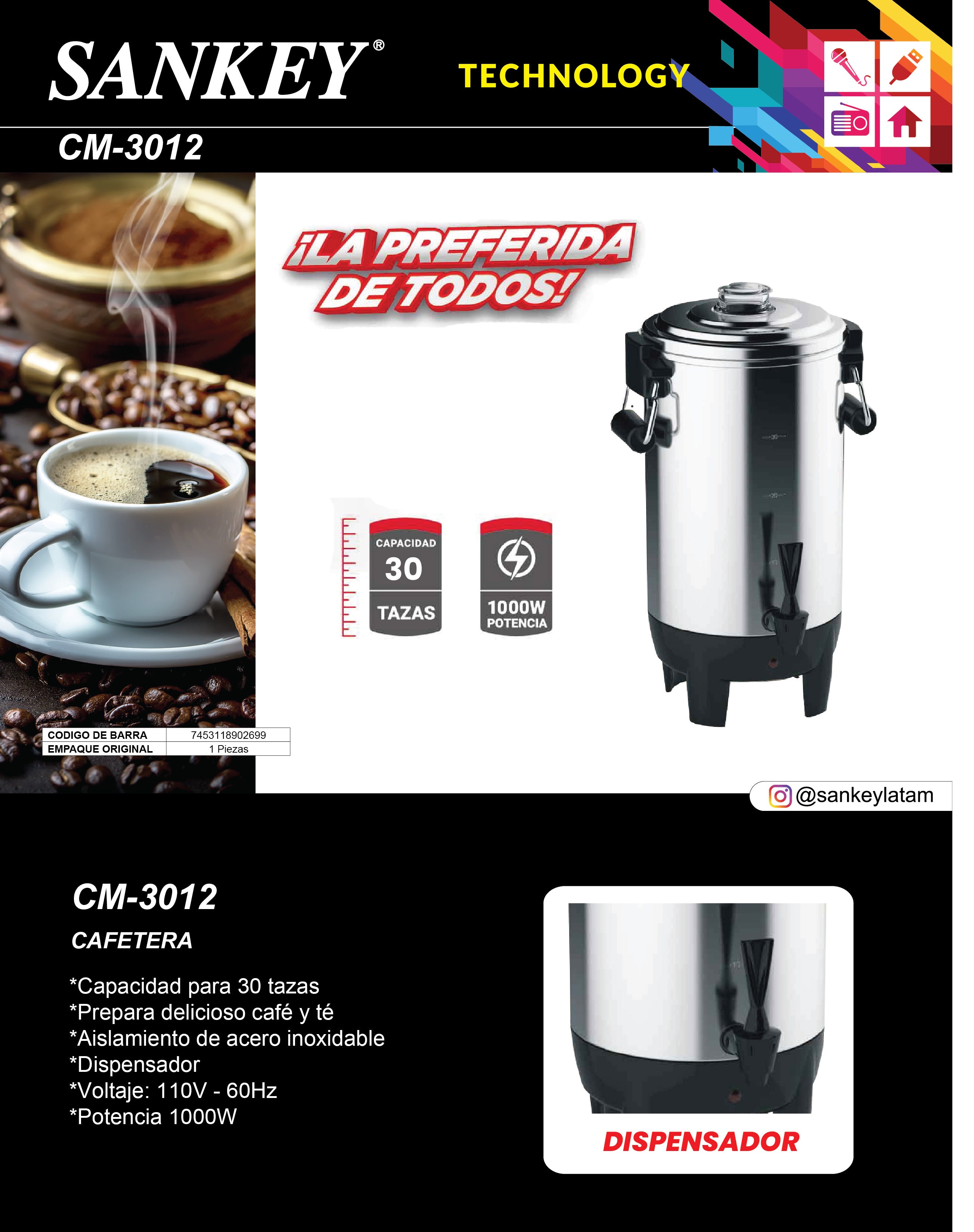 Cafetera 30 Tazas CM-3012 Sankey