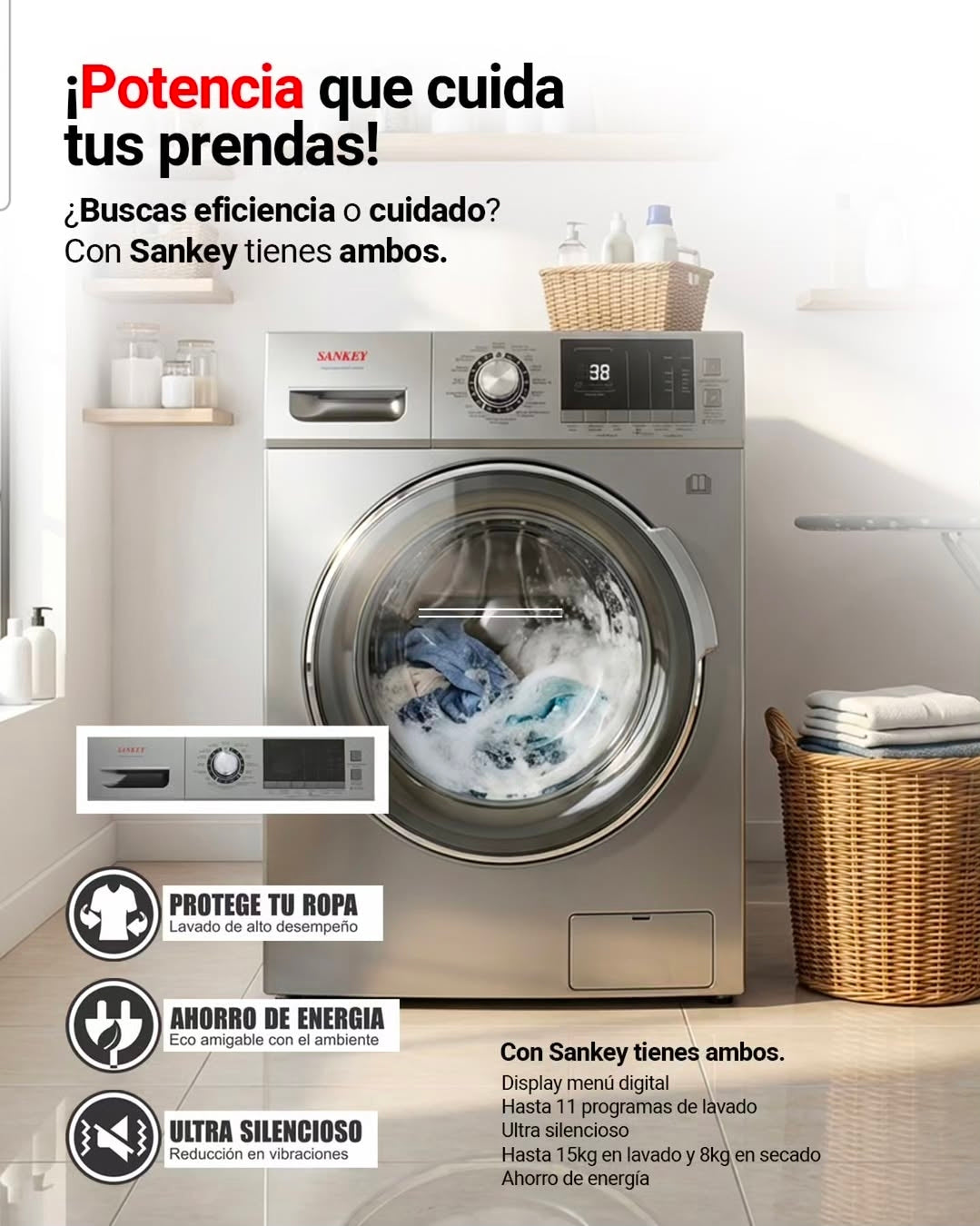 Lavadora Secadora AUTO Frontal 15KG WM-F15INDU1 / WMF-15INDU3 Sankey 110V