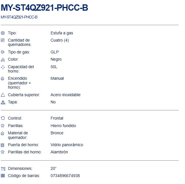 Estufa 4Q 20P 921 NEGRO Agata MY-ST4QZ921-PHCC-B Negro Mystic