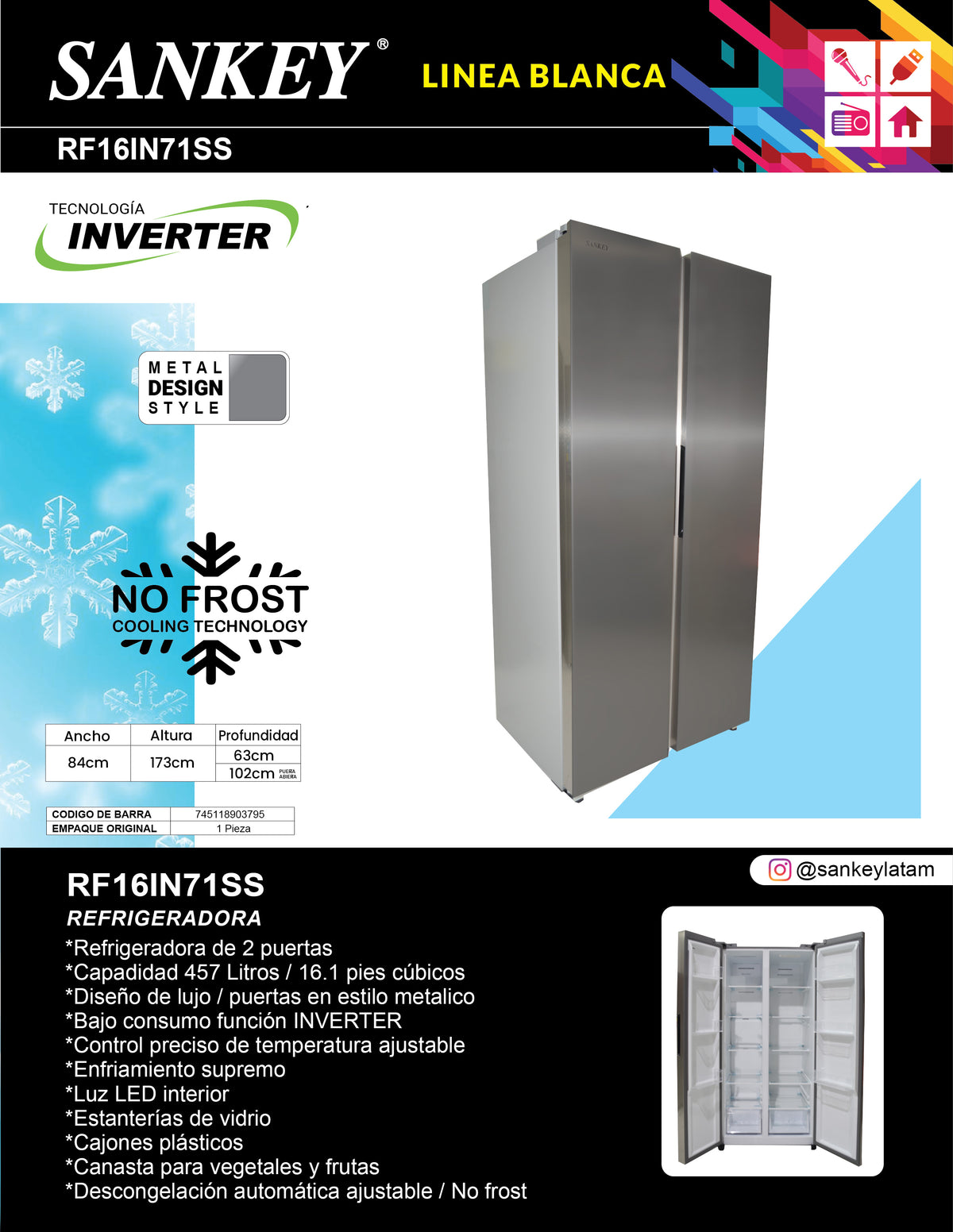 Refrigeradora SBSD RF-16IN71SS Sankey