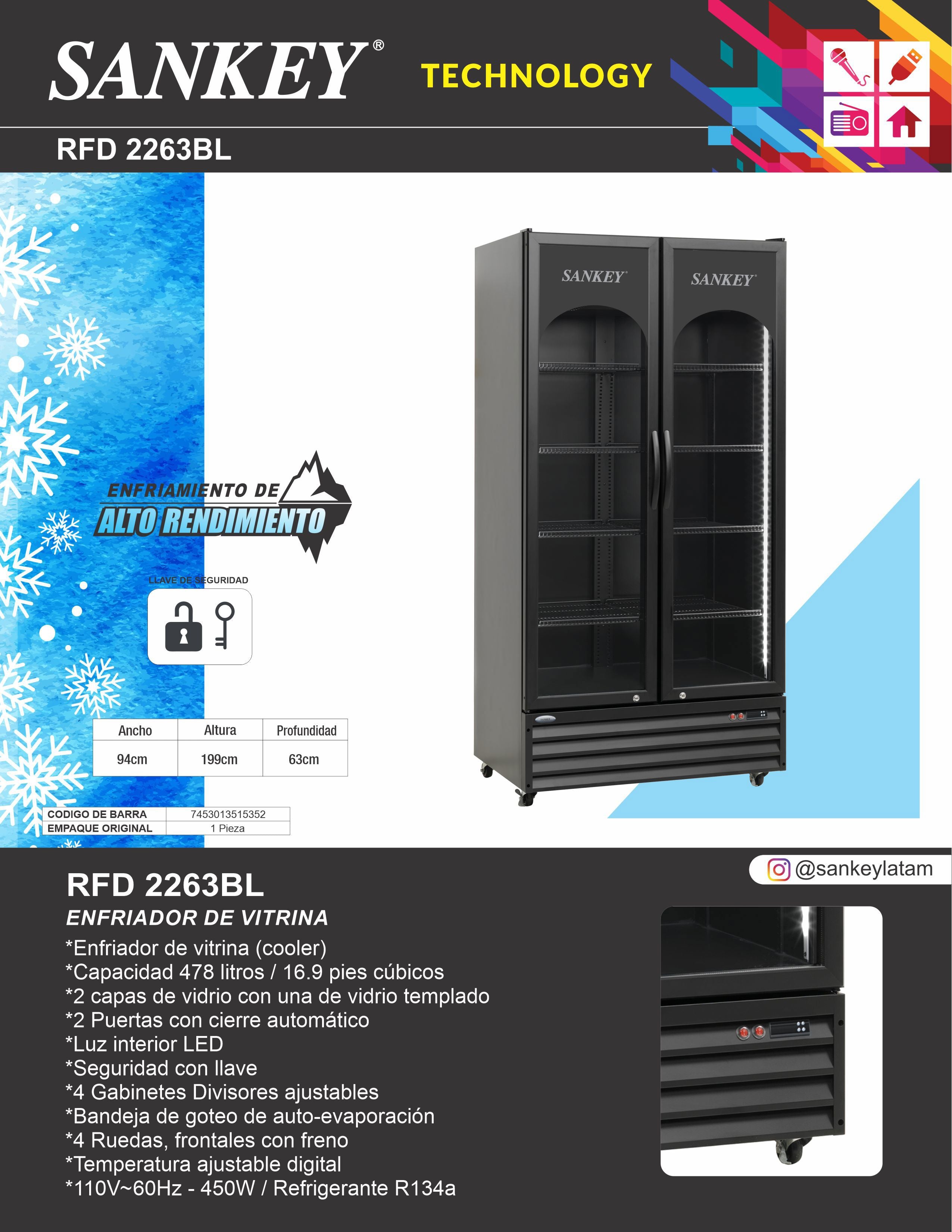 Enfriador Vertical Vitrina 478 L RFD-2263BL Sankey