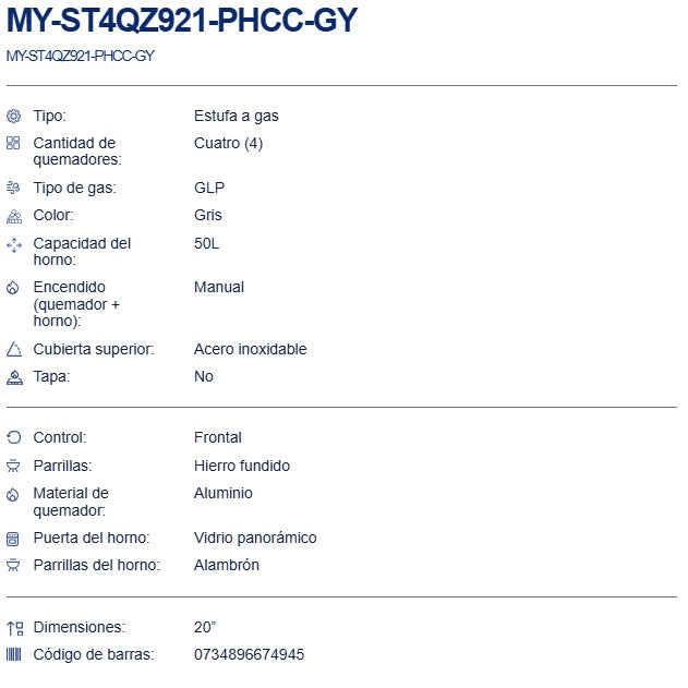 Estufa 4Q 20P 921 GRIS Agata MY-ST4QZ921-PHCC-GY Gris Mystic