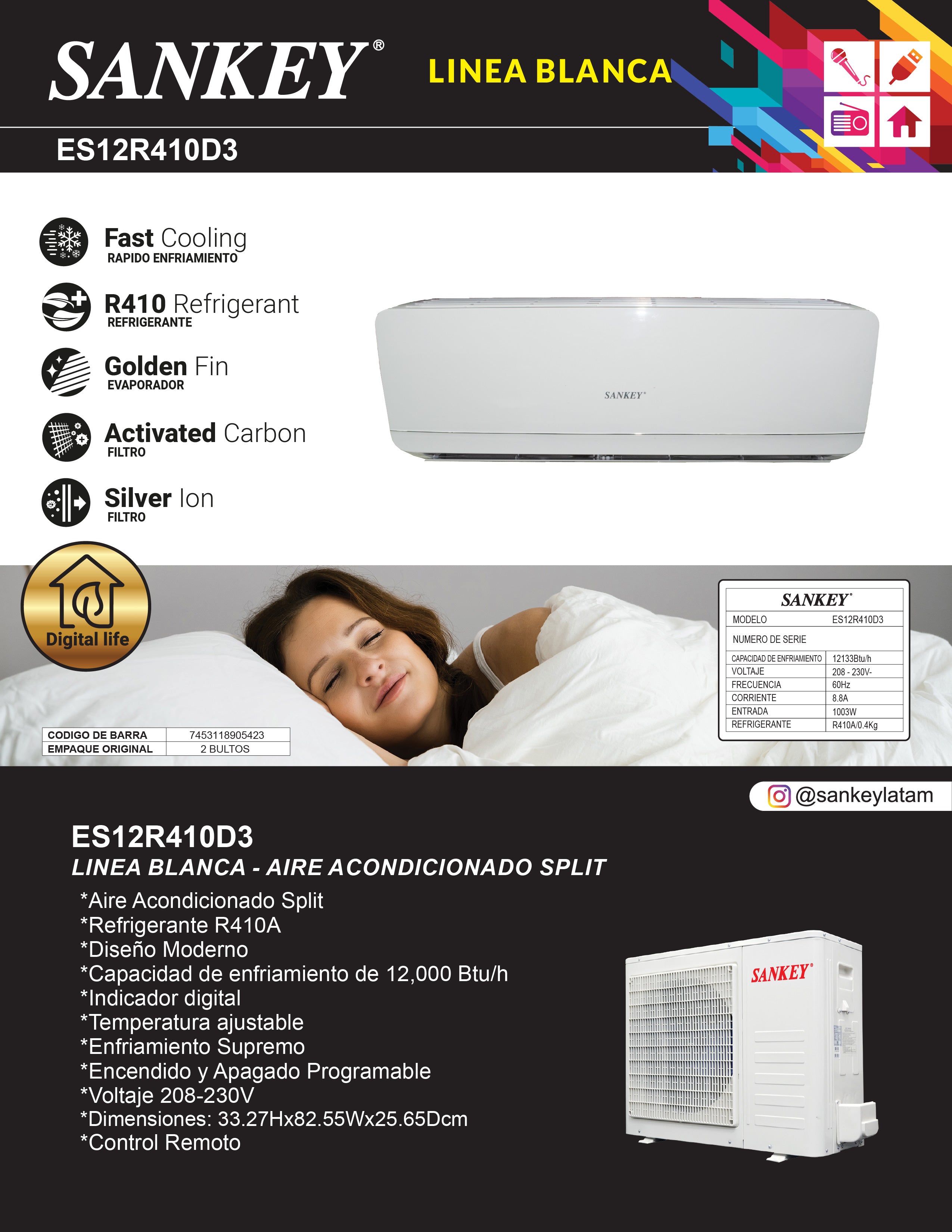 Aire Split 12K R410 220V ES-12R410D3 SANKEY